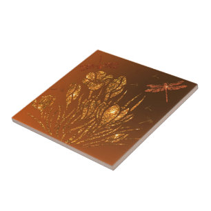 Golden Glitter Flowers & Dragonflies - Gold Luxury Tegeltje