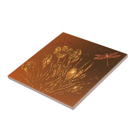 Golden Glitter Flowers & Dragonflies - Gouden Luxe Tegeltje (Zijkant)