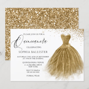 Golden Glitter Gold Gown Quinceanera Kaart