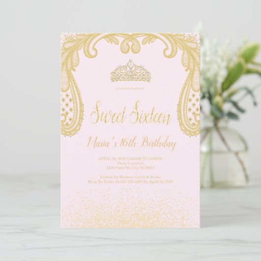 Golden Glitter & Lace, Sweet 16 Uitnodigingen (Staand voorkant)
