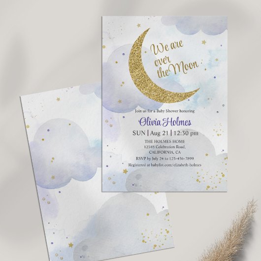 Golden Glitter Moon Baby shower Invitation Kaart