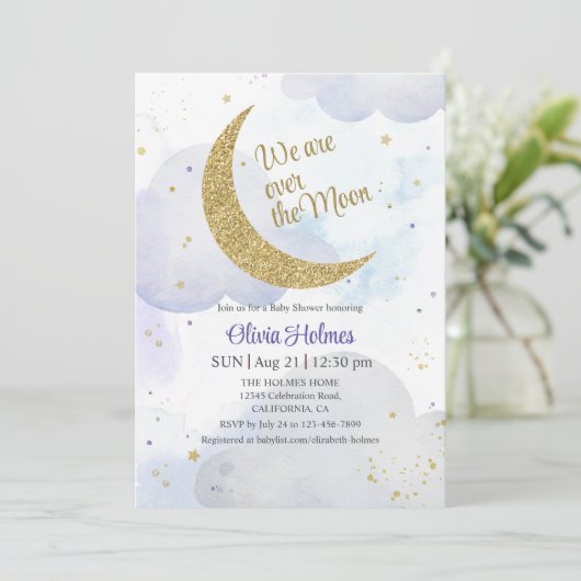 Golden Glitter Moon Baby shower Invitation Kaart (Staand voorkant)