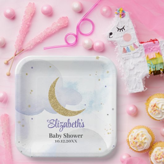 Golden Glitter Moon Baby shower Papieren Bordje (Feest)