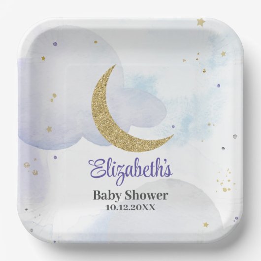 Golden Glitter Moon Baby shower Papieren Bordje (Voorkant)