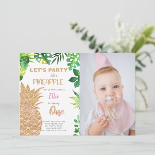 Golden Glitter Pineapple Uitnodigingen met Foto (Staand voorkant)