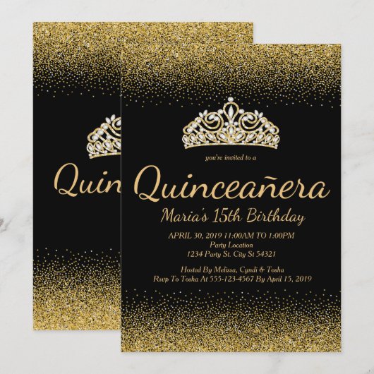 Golden Glitter, Quinceanera-uitnodigingen Kaart (Voorkant / Achterkant)