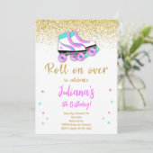 Golden Glitter Roller Schaats Verjaardagsuitnodigi Kaart (Staand voorkant)