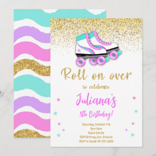 Golden Glitter Roller Schaats Verjaardagsuitnodigi Kaart