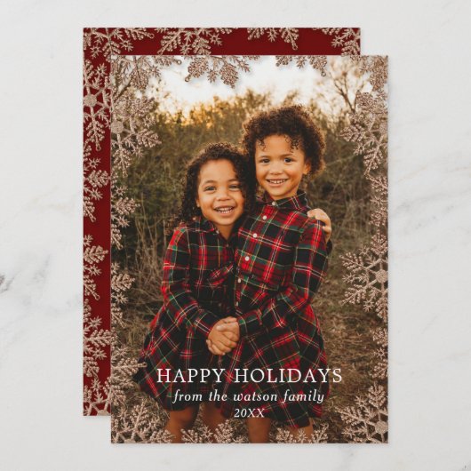 Golden Glitter Snowflake Border Holiday Card Feestdagenkaart (Voorkant / Achterkant)