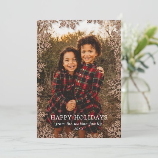 Golden Glitter Snowflake Border Holiday Card Feestdagenkaart (Staand voorkant)