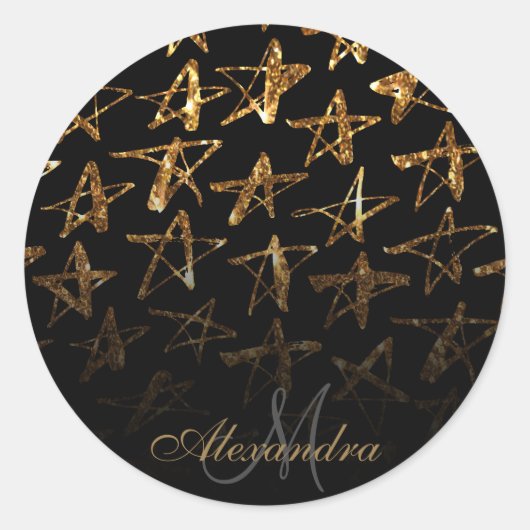 Golden Glitter Stars Ronde Sticker (Voorkant)
