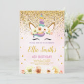 Golden Glitter Unicorn Birthday Kaart (Staand voorkant)