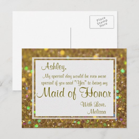 Golden Glitter - Wil jij mijn Maid of Honor zijn? Uitnodiging Briefkaart (Voorkant / Achterkant)