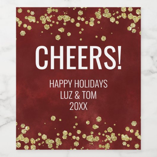 Golden Glitter Wine Waterverf Cheers Holiday Wijn Etiket (Enkel label)