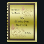 Golden Glitters & Sparkly Butterfly 18th Birthday Notitieboek<br><div class="desc">Prachtige elegante gepersonaliseerde Guest-boek voor verjaardagsfeestjes voor meisjes en vrouwen. Deze 18e verjaardagsbezoekersboek heeft verbluffend gedrukte afbeeldingen gouden bloemen en zwanen met lichtgekleurde roze dunne vlindervlies geprint op een glamoureuze gouden achtergrond met een binnenste zwarte textuurgrens. Een perfecte herinnering voor het verjaardagsmeisje. Al tekst op deze schattige, stijlvolle en unieke...</div>