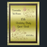 Golden Glitters & Sparkly Butterfly 18th Birthday Notitieboek<br><div class="desc">Prachtige elegante gepersonaliseerde Guest-boek voor verjaardagsfeestjes voor meisjes en vrouwen. Deze 18e verjaardagsbezoekersboek heeft verbluffend gedrukte afbeeldingen gouden bloemen en zwanen met lichtgekleurde roze dunne vlindervlies geprint op een glamoureuze gouden achtergrond met een binnenste zwarte textuurgrens. Een perfecte herinnering voor het verjaardagsmeisje. Al tekst op deze schattige, stijlvolle en unieke...</div>