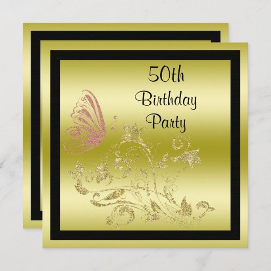 Golden Glitters & Sparkly Butterfly 50th Birthday Kaart (Voorkant / Achterkant)
