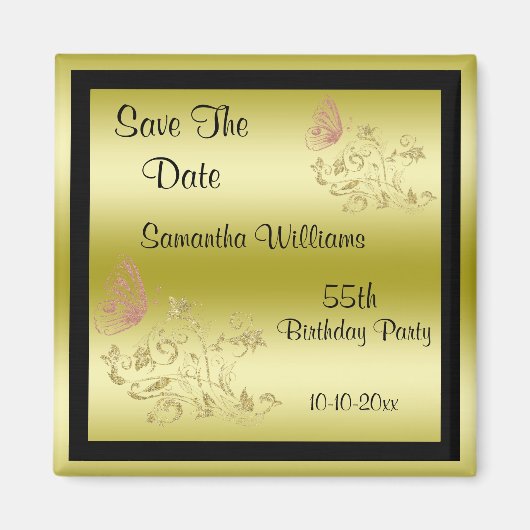 Golden Glitters & Sparkly Butterfly 55th Birthday Magneet (Voorkant)