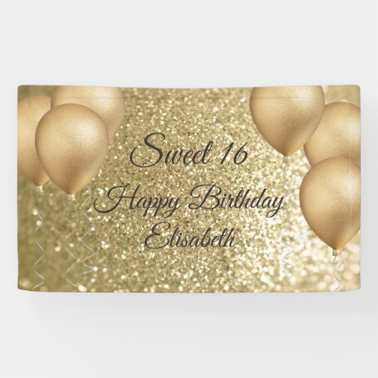 Golden glittery ballon, zoete 16-partijbanner spandoek (Horizontaal)