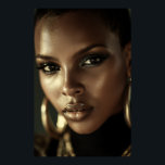 Golden Glow Melanin Fierce Portrait Poster<br><div class="desc">Golden-bronze light sculpts flawless deep brown skin, highlighting razor-sharp cheekbones, glossy lips, and piercing eyes framed by smoky glitter shadow. A sleek short natural cut and massive gold hoop earrings add bold luxury against a deep black background. The intense close-up exudes fierce confidence, unapologetic melanin beauty, cultural pride, regal power,...</div>