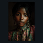 Golden Glow Melanin Regal Headscarf Portrait Perfect Poster<br><div class="desc">Golden light caresses rich brown skin, illuminating sharp cheekbones, glossy lips, and intense dark eyes beneath a luxurious emerald-magenta-gold paisley headscarf. Elaborate antique gold earrings with dangling gems frame her face, while the high-neck embroidered garment in jewel tones adds regal texture and depth. The intimate close-up against a moody dark...</div>