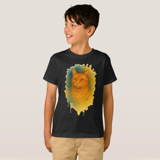 Golden Glow: Waterverf Cat T-shirt (Voorkant volledig)