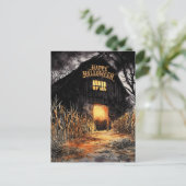 Golden Glowing Barn Waterverf Happy Halloween Feestdagenkaart (Staand voorkant)