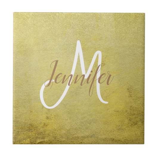 Golden Gold Simple Metallic glazen Naam Monogram Tegeltje (Voorkant)