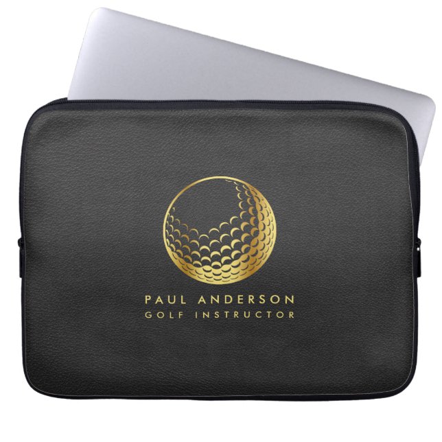 Golden Golf Ball Logo Elegant Golfer Monogram Laptop Sleeve (Voorkant)