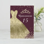 Golden Gown Burgundy Back Quinceanera Party 15th Kaart (Staand voorkant)