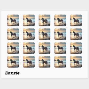 Golden Grace: een Palomino paard op de Sunset Shor Vierkante Sticker