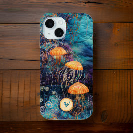 Golden Gracef Jellyfish in Ocean w Monogram Initia iPhone 15 Case