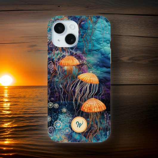 Golden Gracef Jellyfish in Ocean w Monogram Initia Case-Mate iPhone Case