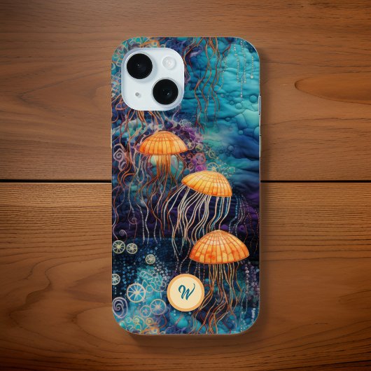 Golden Gracef Jellyfish in Ocean w Monogram Initia Case-Mate iPhone Case