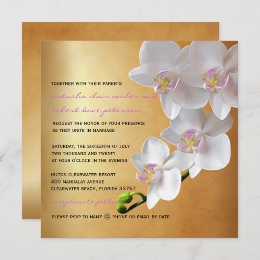 Golden gradiënt Glow White Orchids Wedding Invites Kaart (Voorkant / Achterkant)