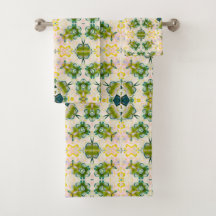 Golden Green Blossom Print Towel Set
