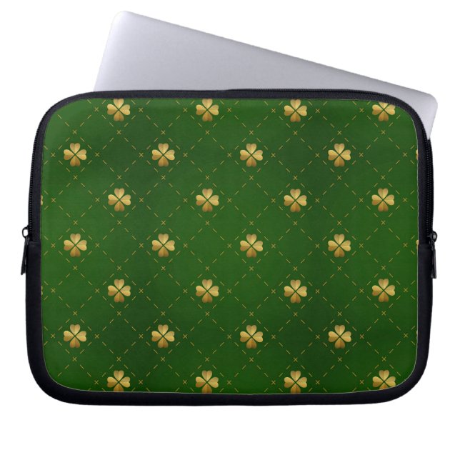 Golden Green Clover Pattern Laptop Sleeve (Voorkant)