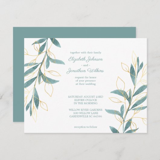Golden Green Floral Waterverf Wedding Kaart (Voorkant / Achterkant)