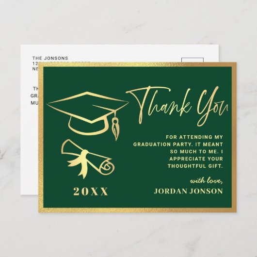 Golden Green Modern Graduation Party Dank u Briefkaart (Voorkant / Achterkant)