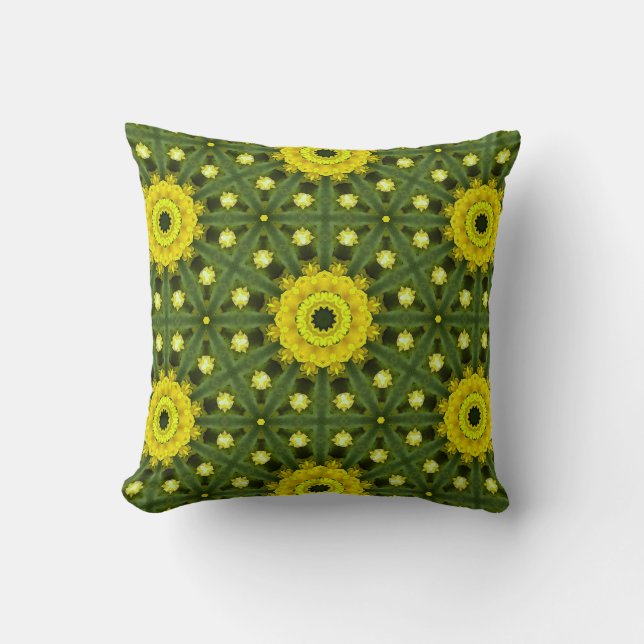 Golden Green Sunburst Kaleidoscoop Bloemenpatroon Kussen (Voorkant)