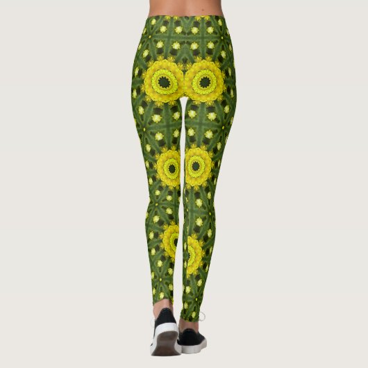 Golden Green Sunburst Kaleidoscoop Bloemenpatroon Leggings (Achterkant)