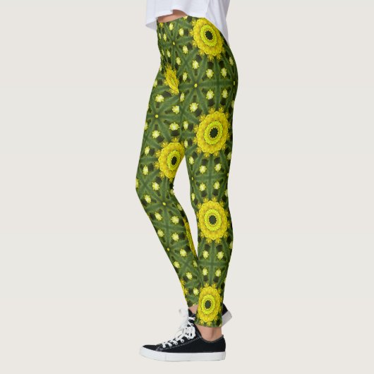 Golden Green Sunburst Kaleidoscoop Bloemenpatroon Leggings (Links)