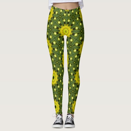Golden Green Sunburst Kaleidoscoop Bloemenpatroon Leggings (Voorkant)