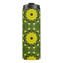 Golden Green Sunburst Kaleidoscoop Bloemenpatroon Thermosbeker