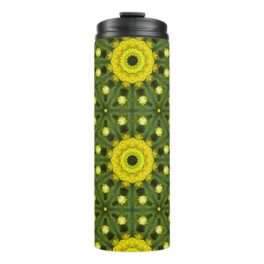 Golden Green Sunburst Kaleidoscoop Bloemenpatroon Thermosbeker (Voorkant)