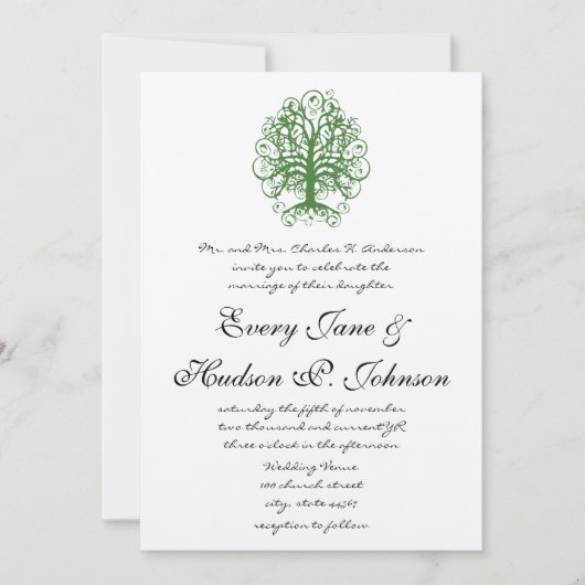 Golden Green Swirl Tree Roots of Love Wedding Inv Kaart (Voorkant)