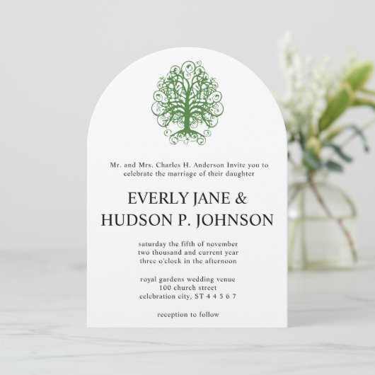 Golden Green Swirl Tree Roots of Love Wedding Inv Kaart (Staand voorkant)