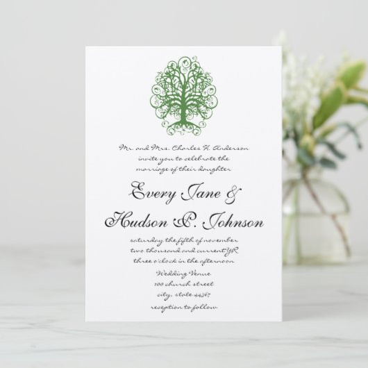 Golden Green Swirl Tree Roots of Love Wedding Inv Kaart (Staand voorkant)