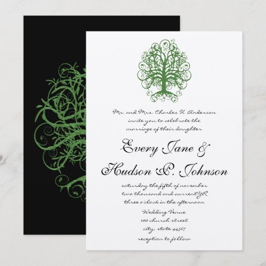 Golden Green Swirl Tree Roots of Love Wedding Inv Kaart (Voorkant / Achterkant)