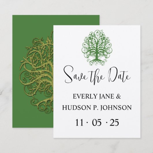 Golden Green Swirl Tree Roots of Love Wedding Invi Kaart (Voorkant / Achterkant)